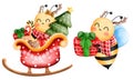 Set of cheerful little bees with red sleigh,gift box and christmas ornaments.Cute animal with christmas accessories illustration