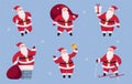 Set cheerful Santa Claus in different poses and situations. Christmas character with gifts, bag and bell Royalty Free Stock Photo