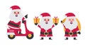 Set of cheerful santa clauses brings gifts. santa clauses riding a motorbike