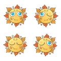 A set of cheerful suns in cartoon style. Vector illustration. Royalty Free Stock Photo
