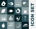 Set Cheese, Carrot, Chicken egg on stand, Jelly cake, Salami sausage, Lemon, Scrambled and Shrimp icon. Vector