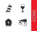 Set Cheese, Leaning tower in Pisa, Pope hat and Wine glass icon. Vector