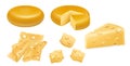 Set of cheese wheels and slices isolated on white background. Food object, realistic 3D vector. Cheese head, cubes and pieces of