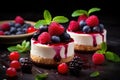 A set of cheesecake cakes with raspberries and blackberries.