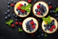 Set of cheesecake cakes in tartlets with raspberries, blackberries and blueberries