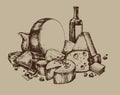 Set of cheeses and a bottle of wine. Realistic hand drawing