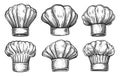 Set Of Chef And Cook Hat For Restaurant Menu. Cooking Symbol. Hand Drawn Sketch Vintage Vector Illustration