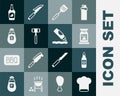 Set Chef hat, Beer bottle, Barbecue coal bag, Spatula, Kitchen hammer, Salt, Ketchup and icon. Vector Royalty Free Stock Photo