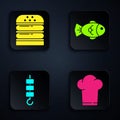 Set Chef hat, Burger, Grilled shish kebab on skewer stick and Fish. Black square button. Vector