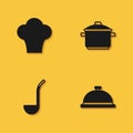 Set Chef hat, Covered with tray of food, Kitchen ladle and Cooking pot icon with long shadow. Vector Royalty Free Stock Photo