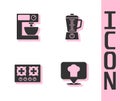 Set Chef hat with location, Electric mixer, Gas stove and Blender icon. Vector