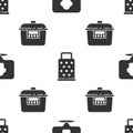 Set Chef hat with location, Grater and Slow cooker on seamless pattern. Vector