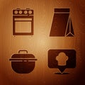 Set Chef hat with location, Oven, Cooking pot and Bag of coffee beans on wooden background. Vector