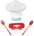 Set of chef hat , red scarf , spoon and fork Royalty Free Stock Photo