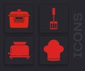 Set Chef hat, Slow cooker, Spatula and Toaster icon. Vector