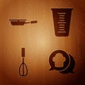 Set Chef hat in speech bubble, Frying pan, Kitchen whisk and Measuring cup on wooden background. Vector Royalty Free Stock Photo