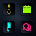 Set Chef hat in speech bubble, Kitchen whisk, Meat chopper and Cooking pot. Black square button. Vector Royalty Free Stock Photo