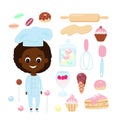 Set chef and a variety of sweets. Girl African or African American pastry chef and rolling pin for dough.