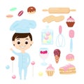 Set chef and a variety of sweets. Pastry chef boy and rolling pin for dough, dough, creamy dessert, muffins and cupcakes.