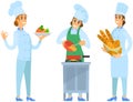 Set of chefs creating restaurant meal. People fry with pan, cut vegetables, add ingredients to dish Royalty Free Stock Photo