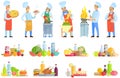 Set of chefs creating restaurant meal. People fry with pan, cut vegetables, add ingredients to dish Royalty Free Stock Photo