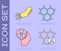 Set Chemical formula, Bacteria, Human head and a radiation and Chemical formula icon. Vector