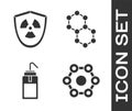 Set Chemical formula, Radioactive in shield, Laboratory wash bottle and Molecule icon. Vector Royalty Free Stock Photo