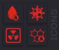 Set Chemical formula, Water drop, Bacteria and Radioactive icon. Vector