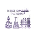 Set of chemical laboratory equipment with typography. Flasks, test tubes, spirit lamp and chemical agents. Vector