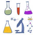 Set chemical laboratory equipment on white background. Abstract medical atom, microscope, glass, flask, test tube with reagents in Royalty Free Stock Photo
