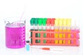 Set of chemical test tubes, syringe and beaker with permanganate