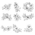 Set of cherry blossoms. Collection of flowers of sakura. Black and white drawing of spring flowers. Linear Art. Tattoo. Royalty Free Stock Photo