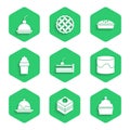 Set Cherry cheesecake, Brownie chocolate, Cake, Ice cream in waffle cone, Homemade pie and icon. Vector Royalty Free Stock Photo