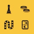 Set Chess, Air hockey table, Board game and Checker chips icon with long shadow. Vector
