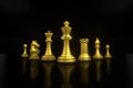 Set of chess checkmate concept .3D rendering illustration of gold metallic chess figures with major and minor pieces isolated on