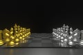Set of chess checkmate concept .3D rendering illustration of gold-silver metallic chess figures with major and minor pieces