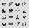 Set Chess, Cockerel lollipop, Balalaika, Ushanka, Kosovorotka, Valenki, Cannon and Russian bagels icon. Vector