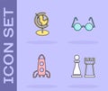Set Chess, Earth globe, Rocket ship and Eyeglasses icon. Vector Royalty Free Stock Photo