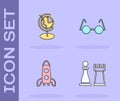 Set Chess, Earth globe, Rocket ship and Eyeglasses icon. Vector