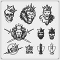 Set of chess emblems and labels with bearded king in a crown and lion. Royalty Free Stock Photo
