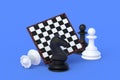 Set of chess figures near chess board on blue background Royalty Free Stock Photo