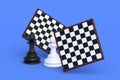 Set of chess figures near chess board on blue background Royalty Free Stock Photo