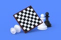 Set of chess figures near chess board on blue background Royalty Free Stock Photo