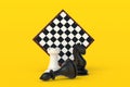 Set of chess figures near chess board on yellow background Royalty Free Stock Photo