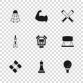 Set Chess, Pommel horse, Golf ball on tee, Stopwatch, Crossed baseball bat, Badminton shuttlecock, Bodybuilder showing