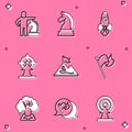 Set Chess, Rocket ship, Target, Mountains with flag, Flag, Man holding and icon. Vector