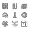 Set Chess, Tic tac toe game, Bingo, Casino chip with dollar, Twister, Uno card, Rubik cube and Board of checkers icon Royalty Free Stock Photo