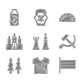 Set Chess, USSR t-shirt, National Russia flag, Hammer and sickle, Christmas tree, Church building, Dumpling and Pickled
