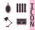 Set Chest of drawers, Mirror, Table lamp and Heating radiator icon. Vector Royalty Free Stock Photo