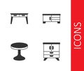 Set Chest of drawers, Office desk, Round table and TV stand icon. Vector Royalty Free Stock Photo